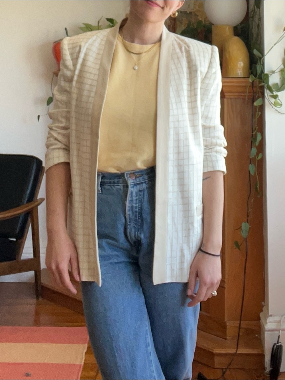 Talbots Cream Windowpane Open-Front Blazer with Beige Trim